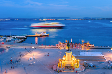 Image showing evening Lisbon embankment, cruise liner