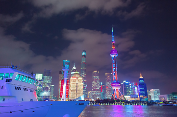 Image showing Ship by illuminated Shanghai downtown