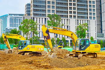 Image showing Excavators bulldozer industrial city Singapore