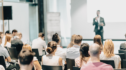 Image showing Business speaker giving a talk at business conference event.