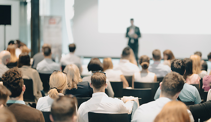 Image showing Business speaker giving a talk at business conference event.