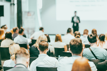 Image showing Business speaker giving a talk at business conference event.