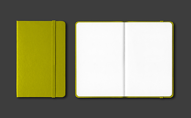 Image showing Olive green closed and open notebooks isolated on black