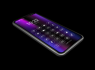 Image showing All screen smartphone with icon set isolated on black. 3D render