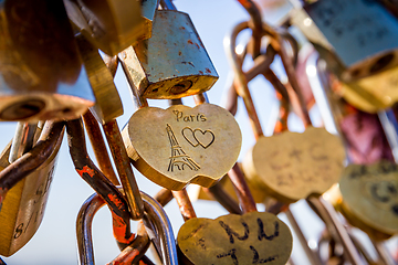 Image showing Love Paris Padlocks hanging on a fence