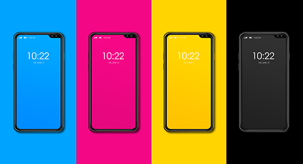 Image showing CMYK smartphone set isolated on color background. 3D render