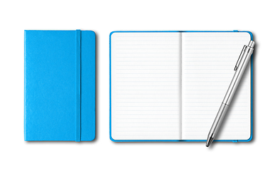 Image showing Cyan blue closed and open notebooks with a pen isolated on white