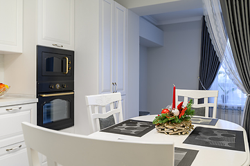 Image showing White kitchen in classic style just before the Christmas