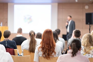 Image showing Speaker giving a talk in conference hall at business event. Rear view of unrecognizable people in audience at the conference hall. Business and entrepreneurship concept.