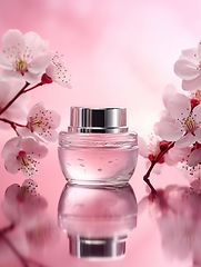 Image showing A jar of creamy cosmetics with a pink cherry blossom flower