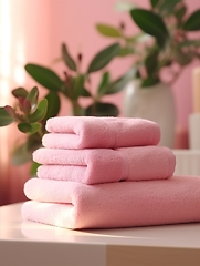 Image showing Soft Pile of Towels in Daylight Spa Lifestyle