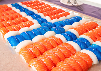 Image showing Sushi pieces in the shape of a Norwegian flag