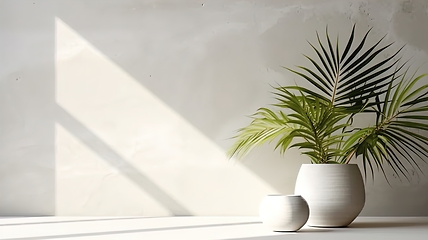 Image showing Sunlit Palm Tree in Concrete Room