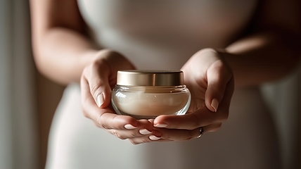 Image showing A young woman holds a jar of fresh, natural skin care cream