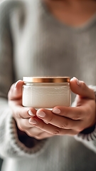 Image showing A young woman holds a jar of fresh, natural skin care cream