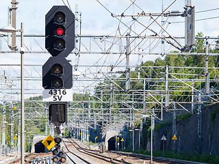 Image showing Railway signals and catenary