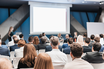 Image showing Round table discussion at business conference meeting event.. Audience at the conference hall. Business and entrepreneurship symposium.