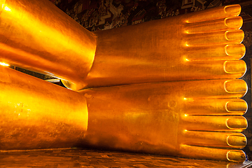 Image showing Reclining gold Buddha statue feet, Thailand