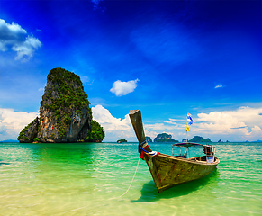 Image showing Long tail boat on beach, Thailand