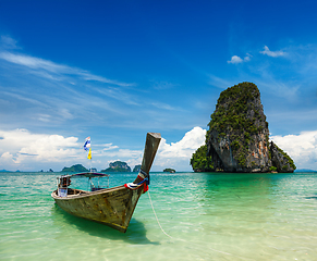 Image showing Long tail boat on beach, Thailand