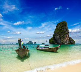 Image showing Long tail boats on beach, Thailand