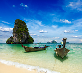 Image showing Long tail boats on beach, Thailand