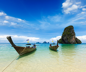 Image showing Long tail boats on beach, Thailand