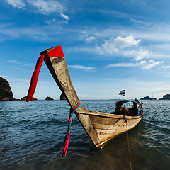 Image showing Long tail boat on beach, Thailand