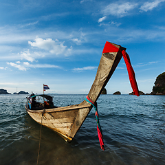 Image showing Long tail boat on beach, Thailand