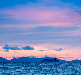 Image showing Sea sunset with criuse ship