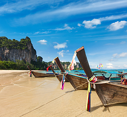 Image showing Long tail boats on beach, Thailand