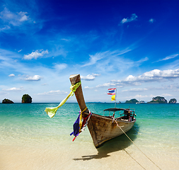 Image showing Long tail boat on beach, Thailand