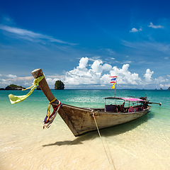 Image showing Long tail boat on beach, Thailand