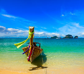 Image showing Long tail boat on beach, Thailand