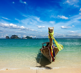 Image showing Long tail boat on beach, Thailand