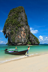 Image showing Long tail boat on beach, Thailand