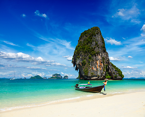 Image showing Long tail boat on beach, Thailand