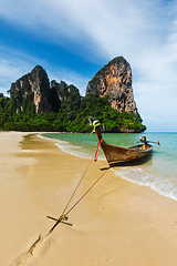 Image showing Long tail boat on beach, Thailand