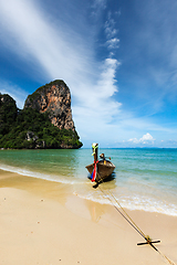 Image showing Long tail boat on beach, Thailand