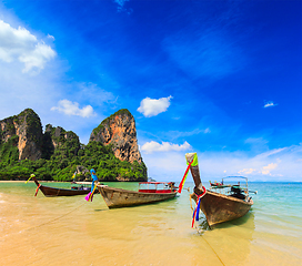 Image showing Long tail boats on beach, Thailand