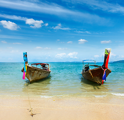 Image showing Long tail boat on beach, Thailand