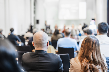 Image showing Round table discussion at business conference meeting event.. Audience at the conference hall. Business and entrepreneurship symposium.