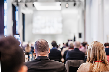 Image showing Round table discussion at business conference meeting event.. Audience at the conference hall. Business and entrepreneurship symposium.