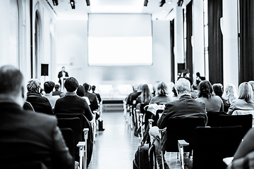 Image showing Speaker giving a talk in conference hall at business event. Rear view of unrecognizable people in audience at conference hall. Business and entrepreneurship concept. Black and white selenium image