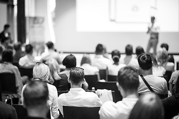 Image showing Business speaker giving a talk at business conference event.