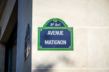 Image showing Avenue Matignon street sign, Paris, France
