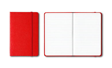 Image showing Red closed and open lined notebooks isolated on white