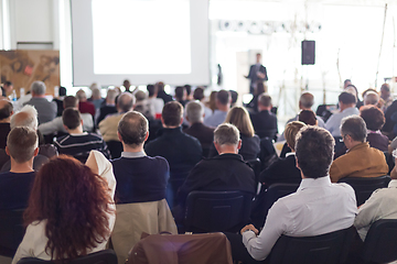 Image showing Business speaker giving a talk at business conference event.