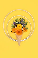 Image showing  Surreal Ice Cream Waffle Cone Concept with Summer Flora and Her