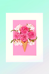 Image showing Summer Fun Ice Cream Cone with Rose and Freesia Flowers